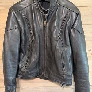 Vintage Black Leather Motorcycle Jacket With Lace-Up Sides Size 44 XL